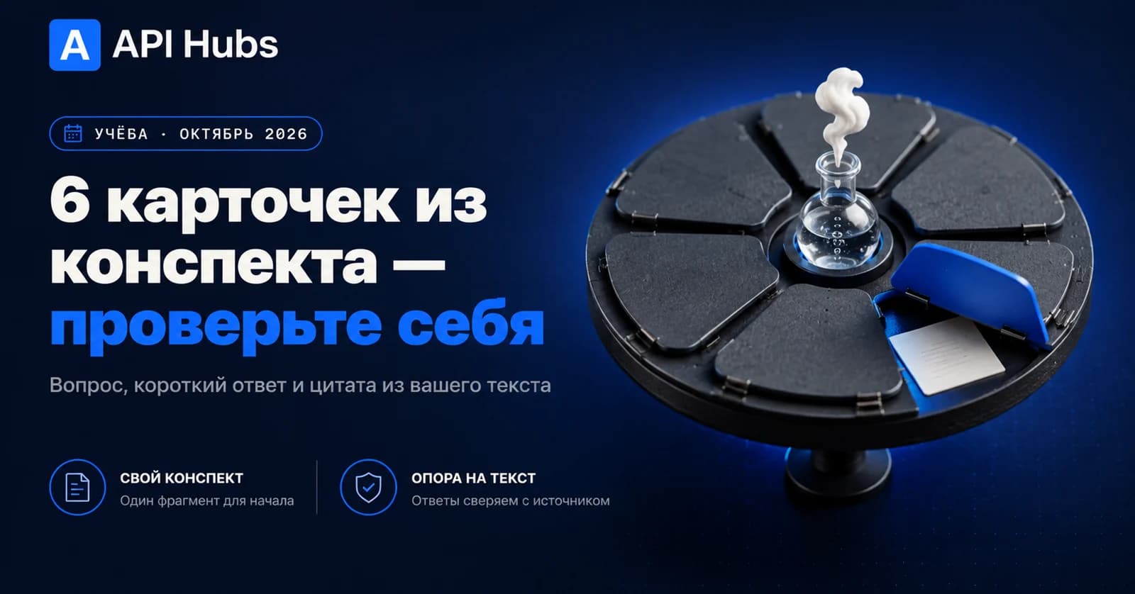 «6 карточек из конспекта — проверьте себя». УЧЁБА · ОКТЯБРЬ 2026. Вопрос, короткий ответ и цитата из вашего текста. СВОЙ КОНСПЕКТ: один фрагмент для начала. ОПОРА НА ТЕКСТ: ответы сверяем с источником. Миниатюрная карусель с шестью створками вокруг колбы с кипящей водой; одна створка открыта.