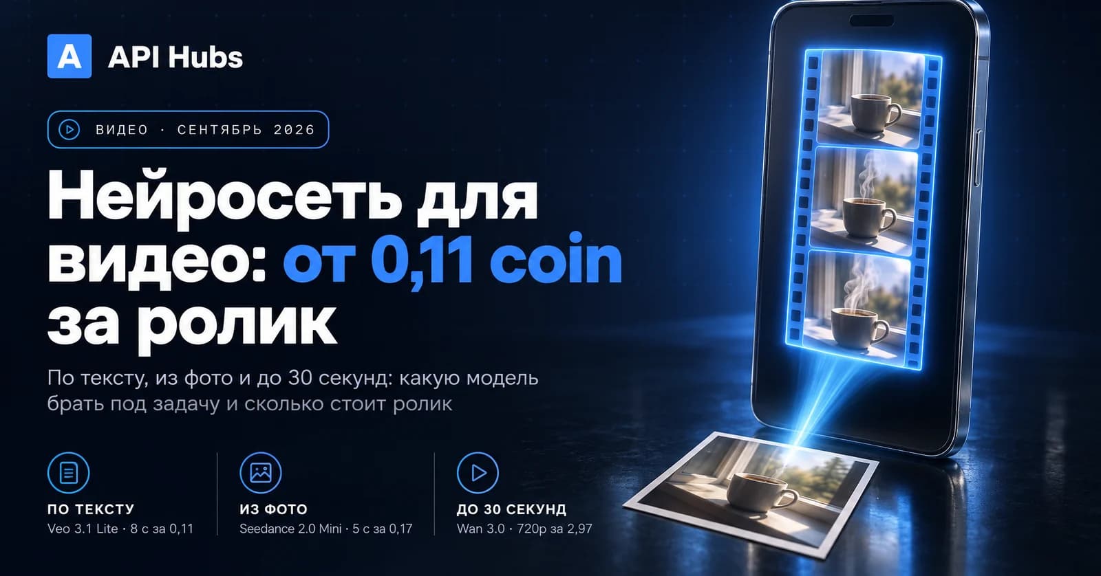 «Нейросеть для видео: от 0,11 coin за ролик» — по тексту Veo 3.1 Lite, 8 секунд со звуком за 0,11 coin; из фото Seedance 2.0 Mini, 5 секунд за 0,17 coin; до 30 секунд Wan 3.0, 720p за 2,97 coin