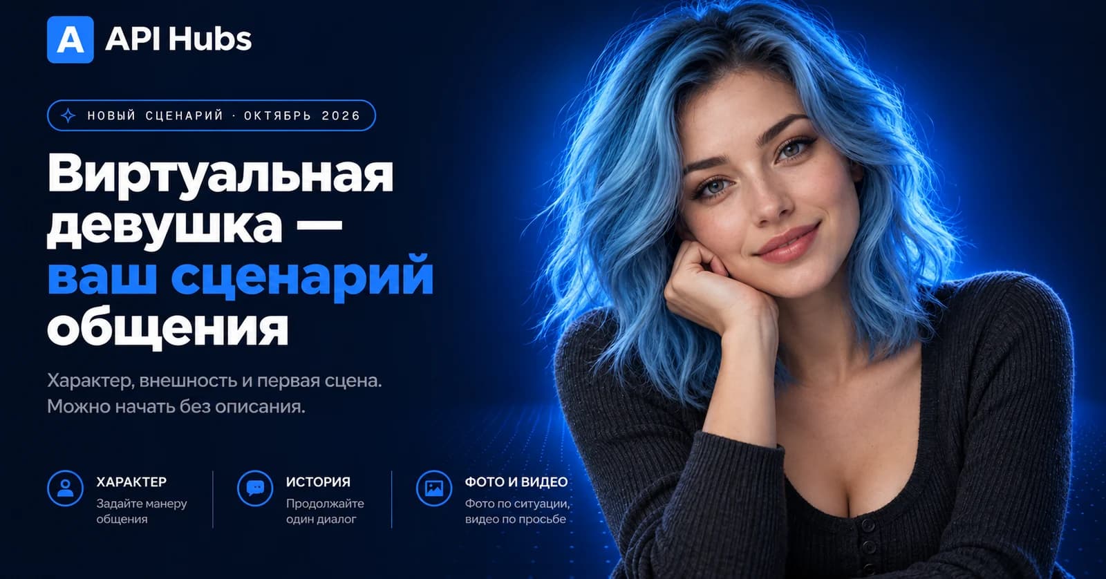 Виртуальная девушка — ваш сценарий общения. Характер, внешность и первая сцена. Можно начать без описания. Характер: задайте манеру общения. История: продолжайте один диалог. Фото и видео: фото по ситуации, видео по просьбе. Портрет вымышленной взрослой девушки с голубыми волосами и мягкой улыбкой на тёмно-синем фоне.