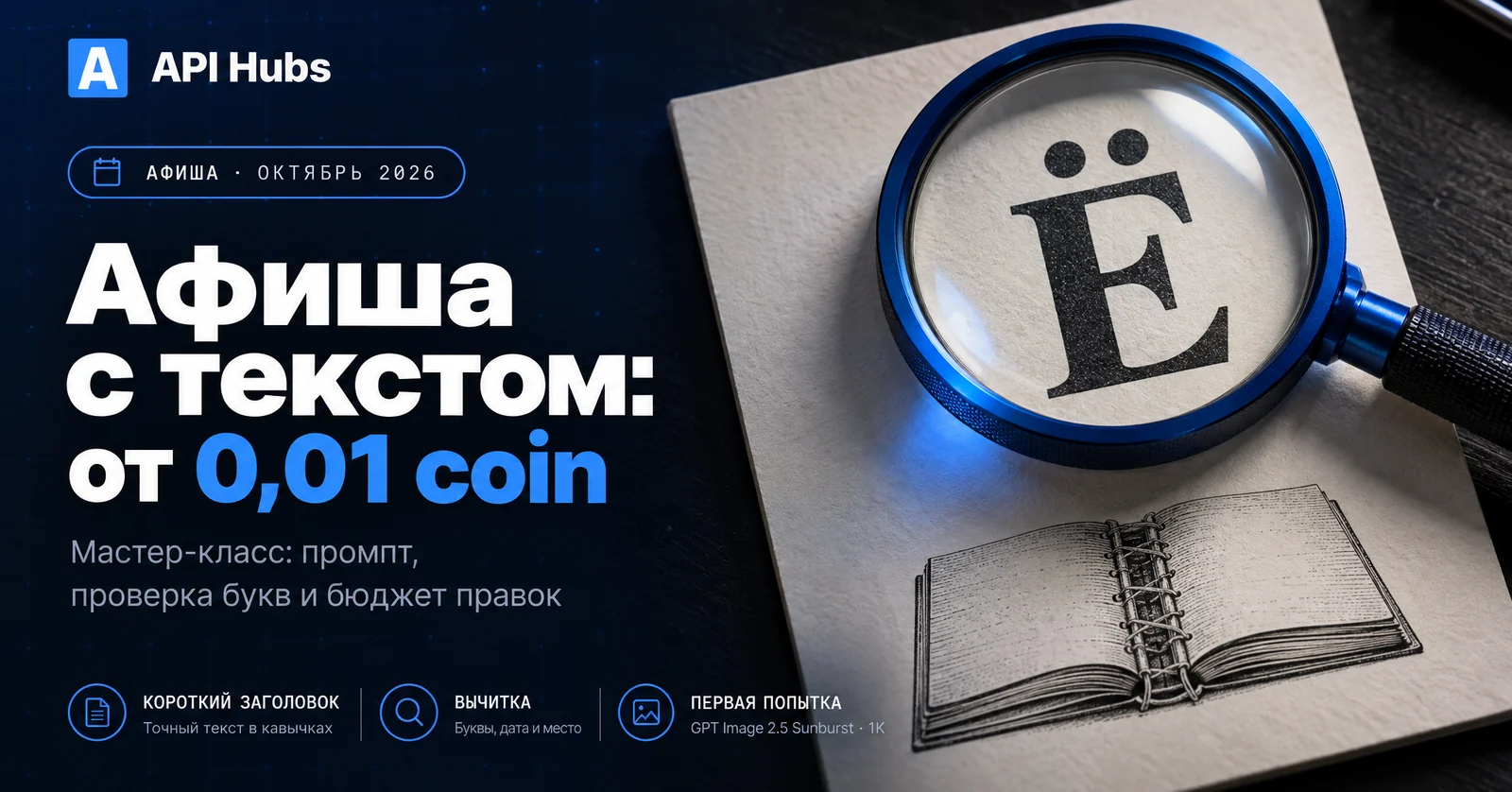 «Афиша с текстом: от 0,01 coin» — мастер-класс: промпт, проверка букв и бюджет правок. Короткий заголовок — точный текст в кавычках; вычитка — буквы, дата и место; первая попытка — GPT Image 2.5 Sunburst, 1K. Лупа увеличивает букву Ё на печатной пробе.