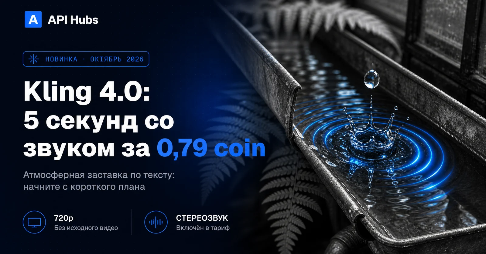 «Kling 4.0: 5 секунд со звуком за 0,79 coin» — атмосферная заставка по тексту: начните с короткого плана. 720p — без исходного видео; стереозвук — включён в тариф. Капля ударяет по металлическому водостоку оранжереи, от места удара расходятся синие круги.
