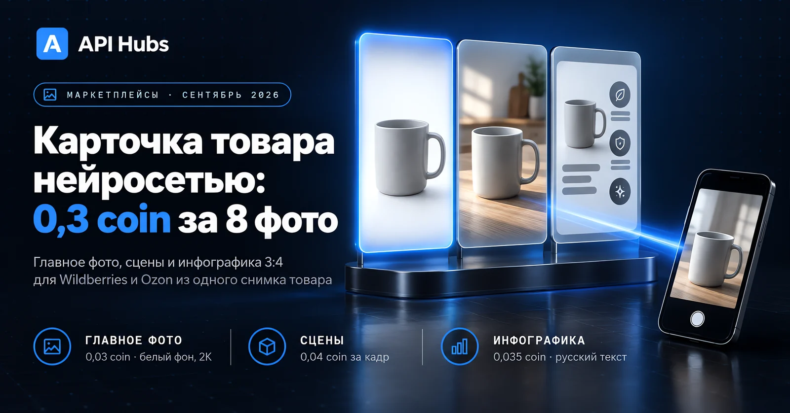 «Карточка товара нейросетью: 0,3 coin за 8 фото» — главное фото на белом фоне в 2K за 0,03 coin, сцены по 0,04 coin за кадр, инфографика с русским текстом за 0,035 coin; главное фото, сцены и инфографика 3:4 для Wildberries и Ozon из одного снимка товара
