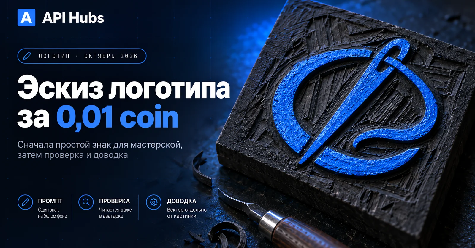 «Эскиз логотипа за 0,01 coin» — сначала простой знак для мастерской, затем проверка и доводка; промпт: один знак на белом фоне; проверка: читается даже в аватарке; доводка: вектор отдельно от картинки; резная форма с иглой и нитью.