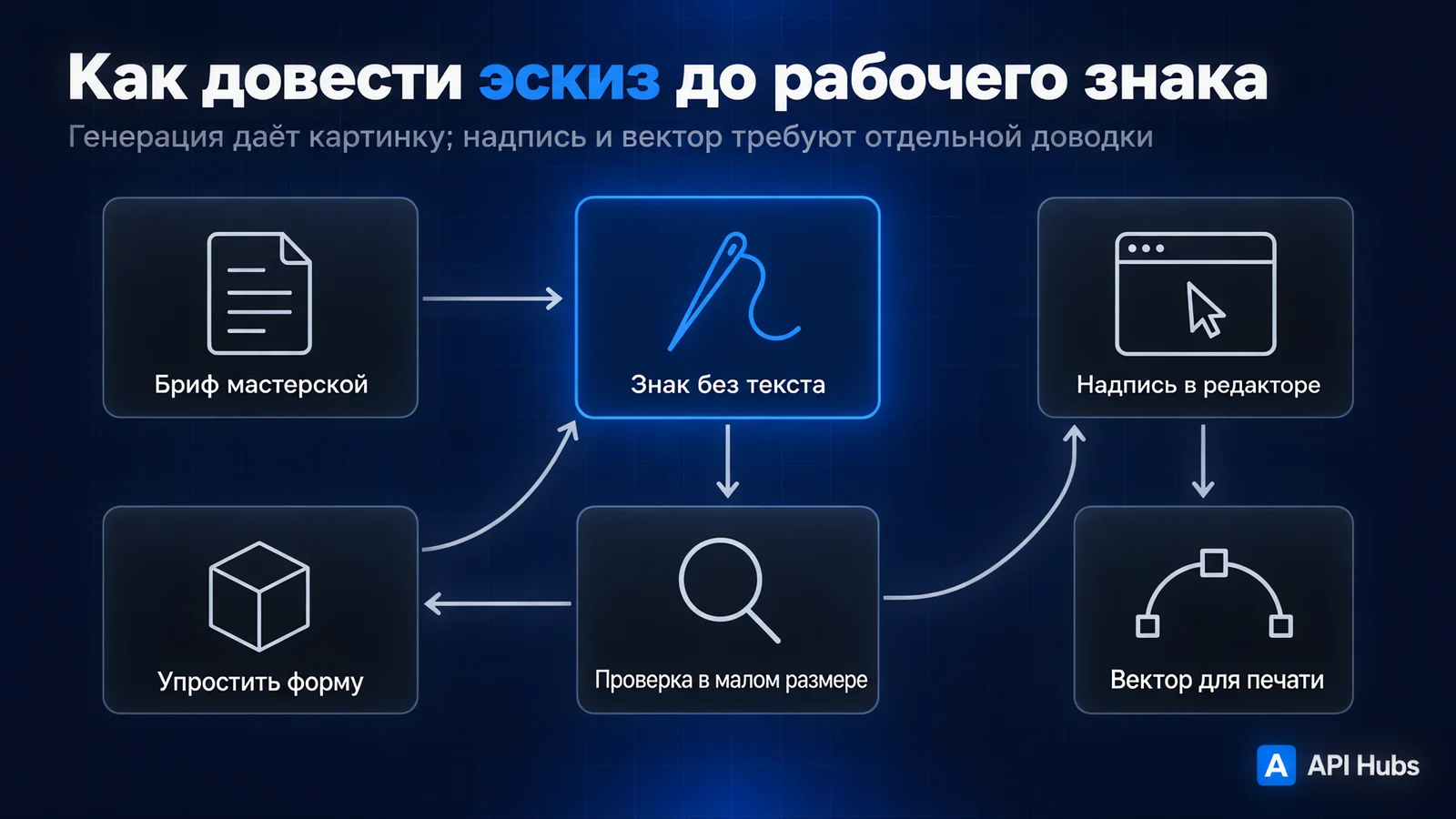 Как довести эскиз до рабочего знака — генерация даёт картинку; надпись и вектор требуют отдельной доводки. Бриф мастерской → знак без текста → проверка в малом размере; при необходимости упростить форму и повторить; затем надпись в редакторе и вектор для печати.