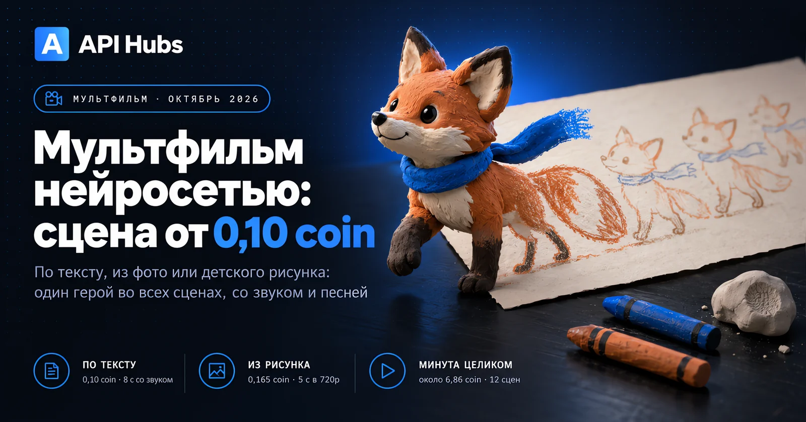 «Мультфильм нейросетью: сцена от 0,10 coin» — по тексту 0,10 coin за 8 секунд со звуком, из рисунка 0,165 coin за 5 секунд в 720p, минута целиком около 6,86 coin за 12 сцен; пластилиновый лисёнок в синем шарфе выходит из детского рисунка на листе бумаги