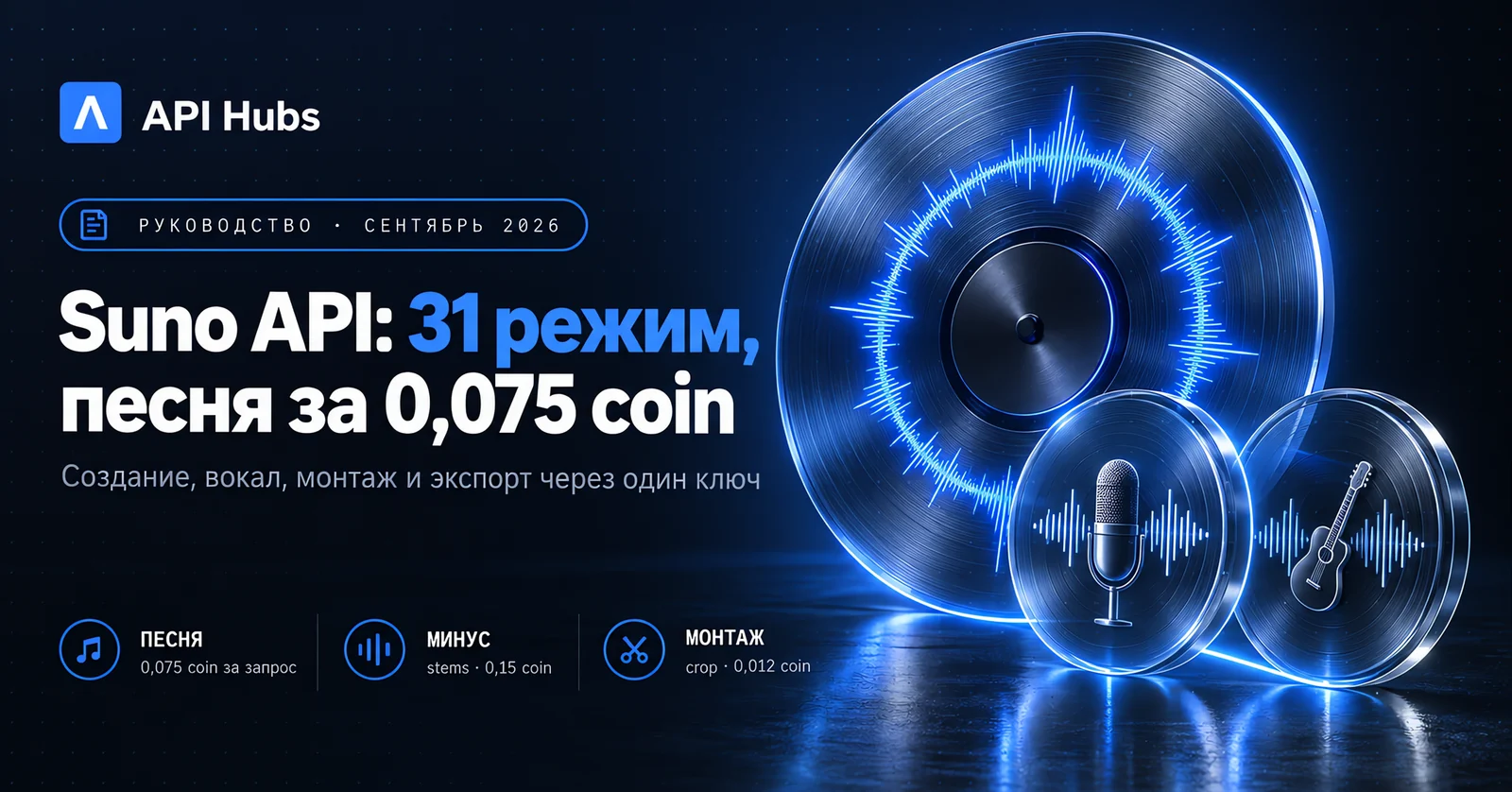 «Suno API: песня 0,075 coin, 31 режим» — создание песни, работа с вокалом и монтаж в одной музыкальной мастерской